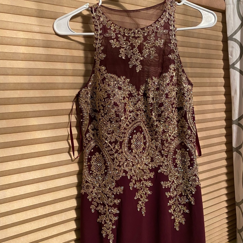 Xscape Burgundy Evening Dress with Gold Appliqué